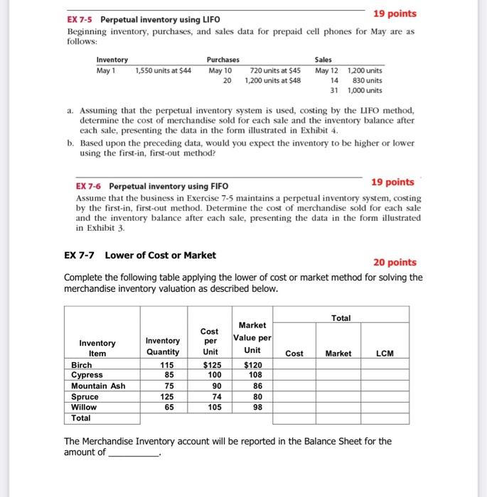 Ex 7 5 Perpetual Inventory Using Lifo 19 Points Beginning Inventory Purchases And Sales Data For Prepaid Cell Phones F 1