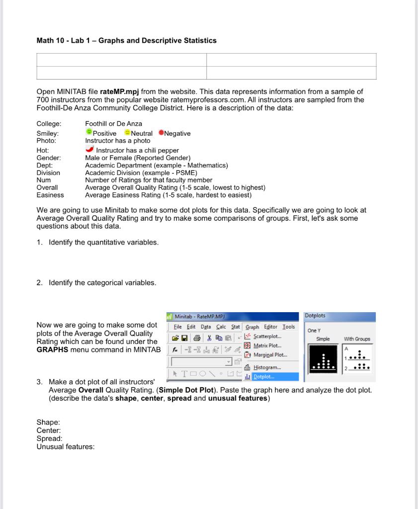 Math 10 Lab 1 Graphs And Descriptive Statistics Open Minitab File Ratemp Mpj From The Website This Data Represents 1