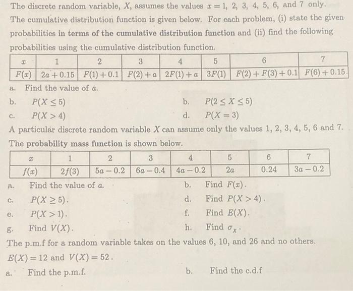 The Discrete Random Variable X Assumes The Values 1 2 3 4 5 6 And 7 Only The Cumulative Distribution Function 1