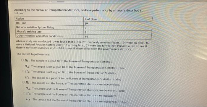 According To The Bureau Of Transportation Statistics On Time Performance By Airlines Is Described As Follows Action On 1
