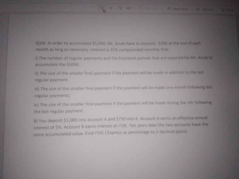 E 01a In Order To Accumulate 5 000 Mr Azule Have To Deposits 100 At The End Of Each Month As Long As Necessary Int 1