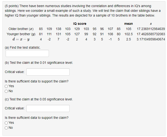 5 Points There Have Been Numerous Studies Involving The Correlation And Differences In Iq S Among Siblings Here We Co 1