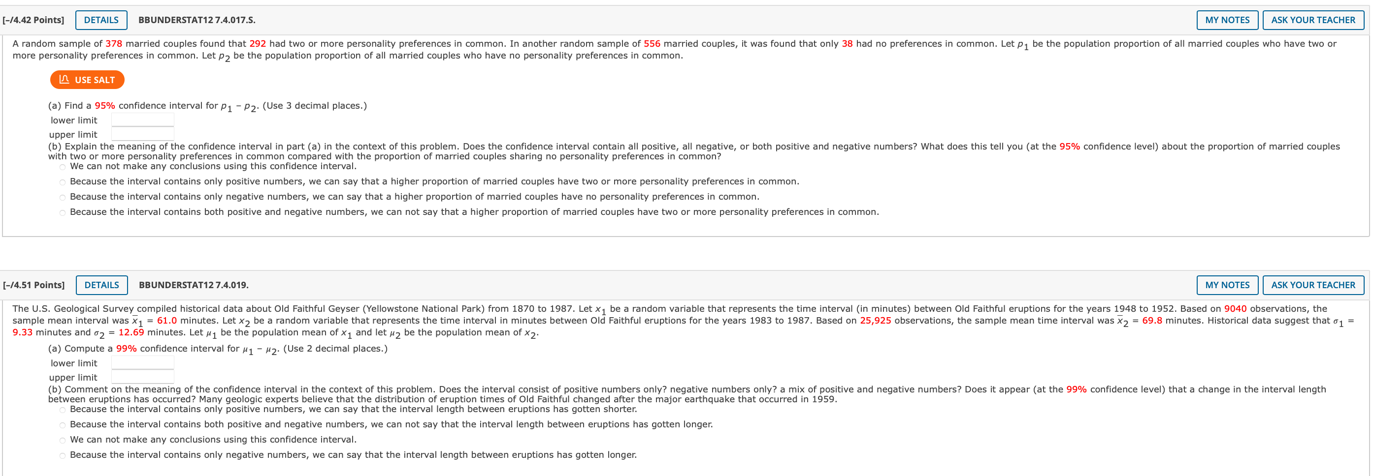 4 42 Points Details Bbunderstat12 7 4 017 S Use Salt A Random Sample Of 378 Married Couples Found That 292 Had Two 1