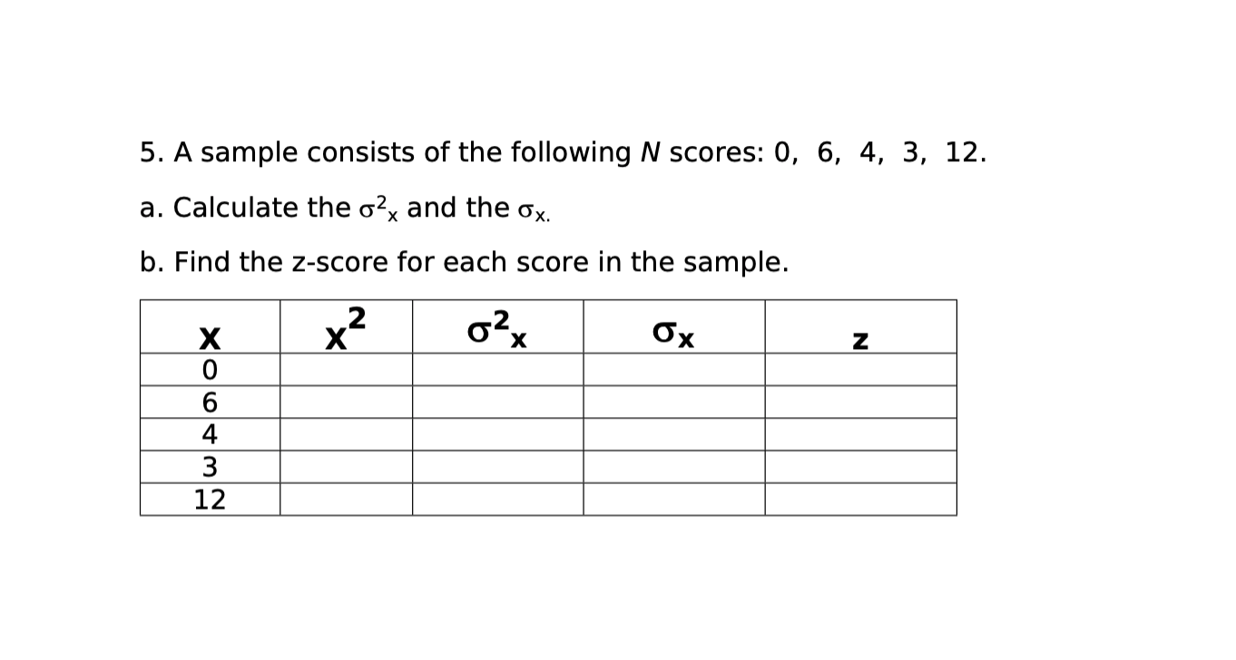 5 A Sample Consists Of The Following N Scores 0 6 4 3 12 A Calculate The O X And The Ox B Find The Z Score For 1
