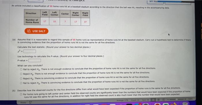 An Article Included A Classification Of 88 Home Runs Hit At A Baseball Stadium According To The Direction That The Ball 1