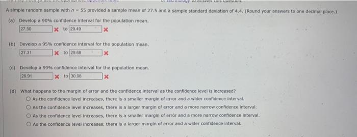 A Simple Random Sample With N 55 Provided A Sample Mean Of 27 5 And A Sample Standard Deviation Of 4 4 Round Your Answ 1