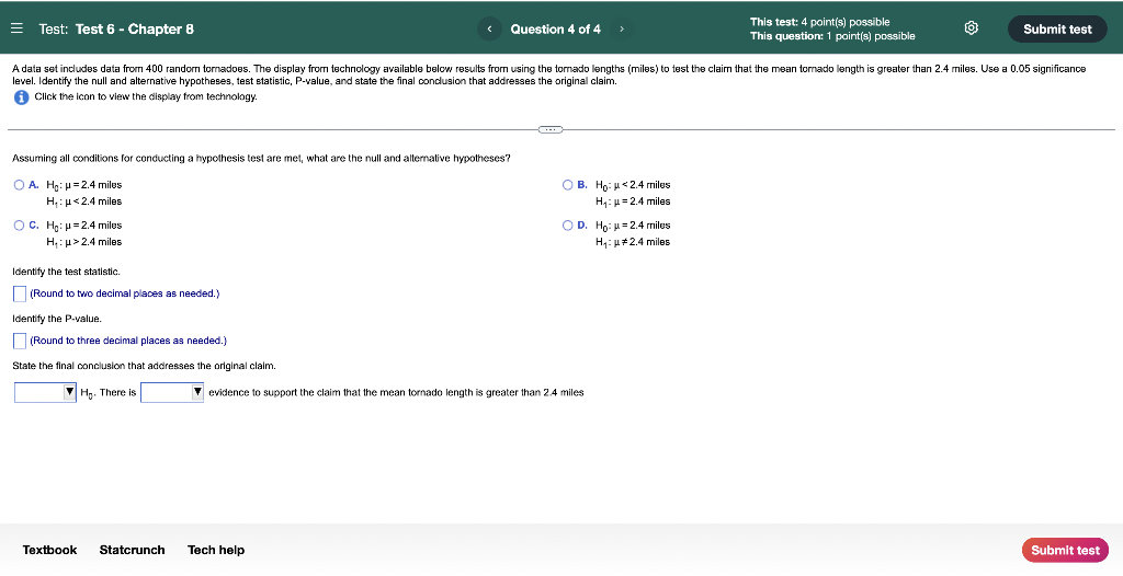 Test Test 6 Chapter 8 Assuming All Conditions For Conducting A Hypothesis Test Are Met What Are The Null And Alter 1