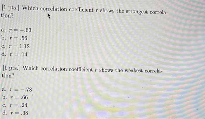 1 Pts Which Correlation Coefficient R Shows The Strongest Correla Tion A R 63 B R 56 C R 1 12 D R 14 1 Pts 1