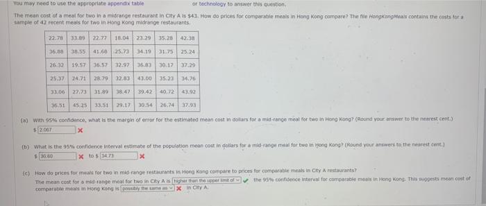 You May Need To Use The Appropriate Appendix Table Or Technology To Answer This Question The Mean Cost Of A Meal For Tw 1