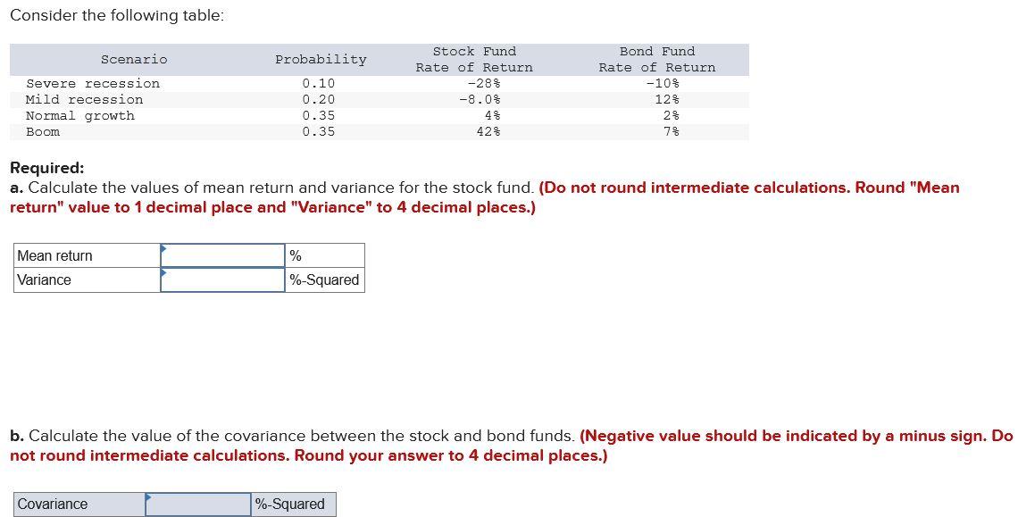 Consider The Following Table Scenario Severe Recession Mild Recession Normal Growth Boom Probability 0 10 0 20 0 35 0 3 1