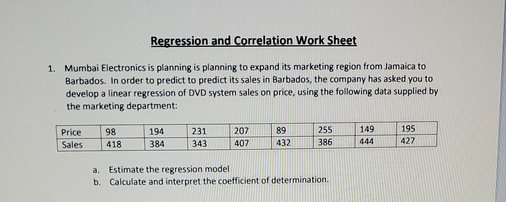 Regression And Correlation Work Sheet 1 Mumbai Electronics Is Planning Is Planning To Expand Its Marketing Region From 1