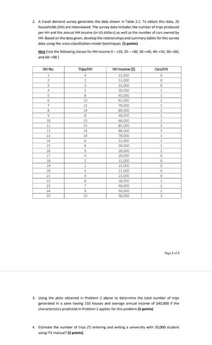 2 A Travel Demand Survey Generates The Data Shown In Table 2 1 To Obtain This Data 25 Households Hh Are Interviewed 2