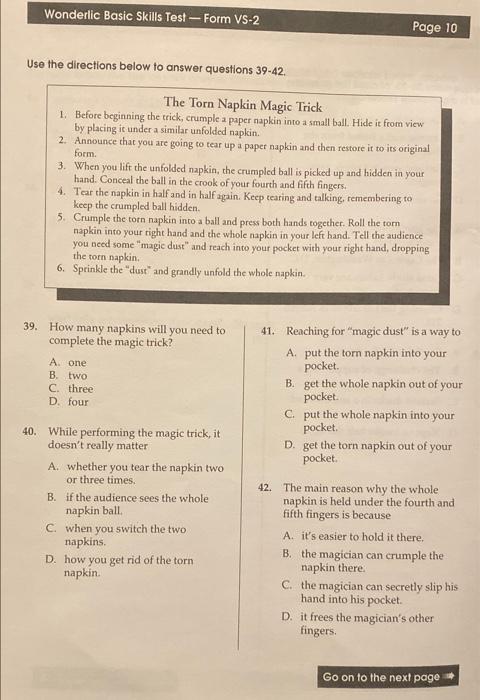 Wonderlic Basic Skills Test Form Vs 2 Use The Directions Below To Answer Questions 39 42 The Torn Napkin Magic Trick 1 1