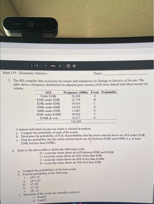 125 Math 119 Elementary Statistics 3 The Irs Compiles Data On Income Tax Returns And Summarizes Its Findings In Statis 1