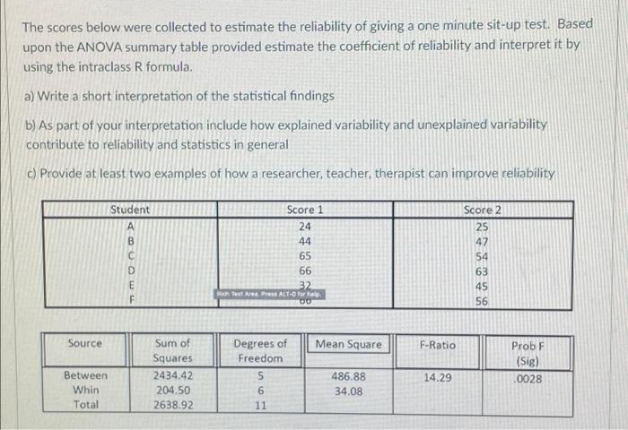 The Scores Below Were Collected To Estimate The Reliability Of Giving A One Minute Sit Up Test Based Upon The Anova Sum 1