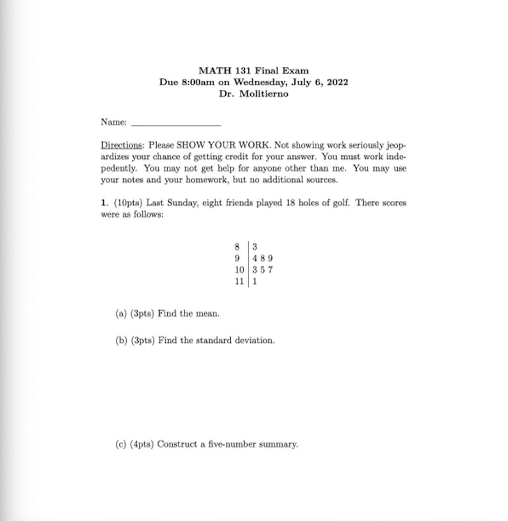 Name Math 131 Final Exam Due 8 00am On Wednesday July 6 2022 Dr Molitierno Directions Please Show Your Work Not Sh 1