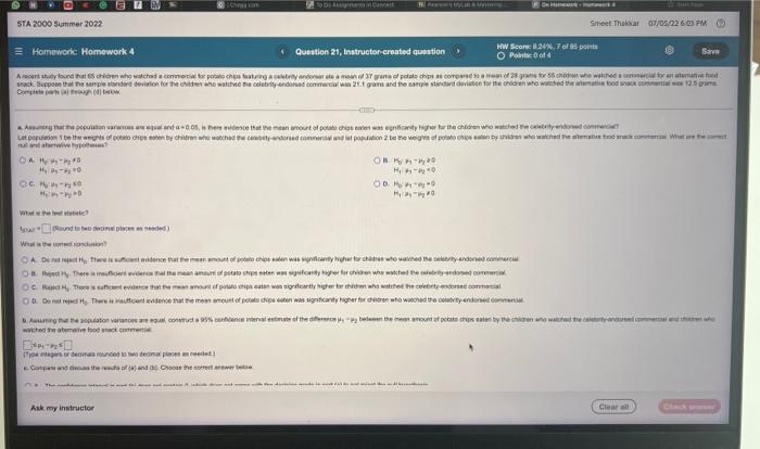 Sta 2000 Summer 2022 Ca 1 14 9 0 Homework Homework 4 Question 21 Instructor Created Question A Recent Study Found T 1