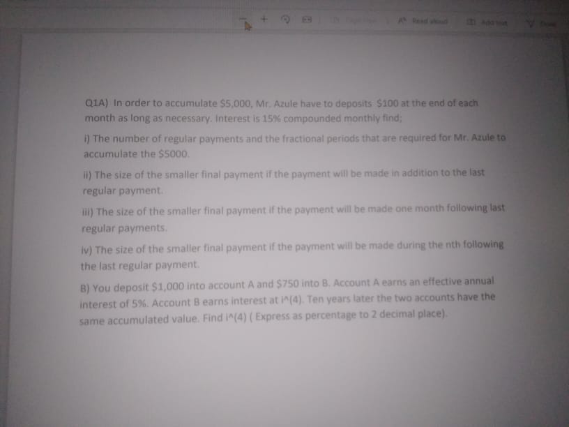 Q1a In Order To Accumulate 5 000 Mr Azule Have To Deposits 100 At The End Of Each Month As Long As Necessary Inter 1