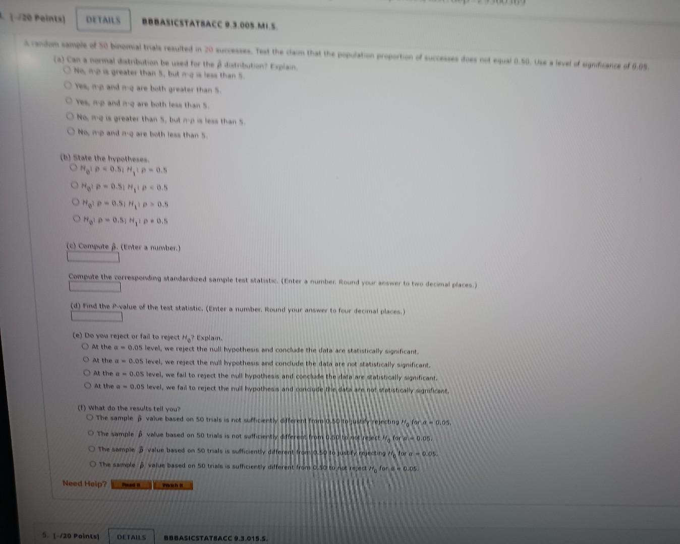 1 20 Peints Details Bbbasicstatsacc 9 3 005 Mis A Random Sample Of 50 Binomial Trials Resulted In 20 Successes Test Th 1