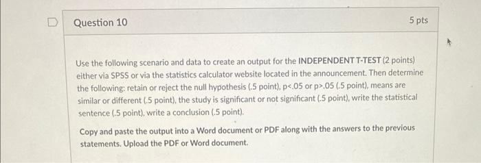 Question 10 5 Pts Use The Following Scenario And Data To Create An Output For The Independent T Test 2 Points Either V 1