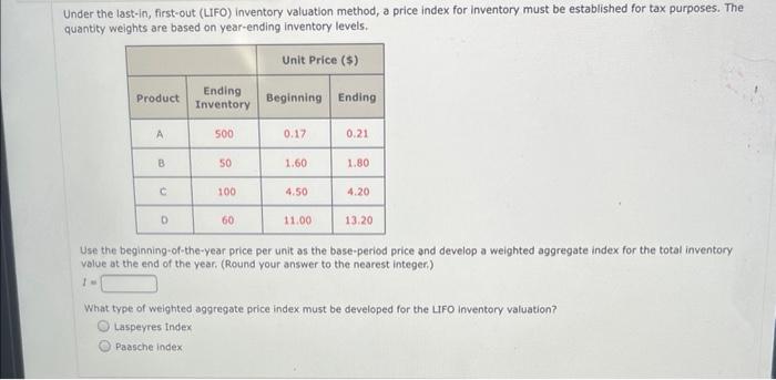 Under The Last In First Out Lifo Inventory Valuation Method A Price Index For Inventory Must Be Established For Tax 1