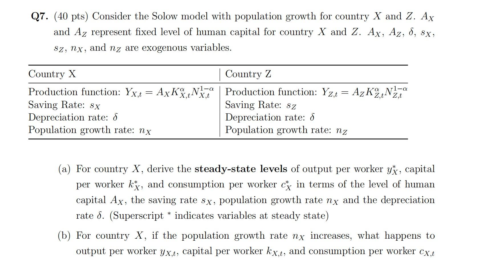 Q7 40 Pts Consider The Solow Model With Population Growth For Country X And Z Ax And Az Represent Fixed Level Of Hum 1