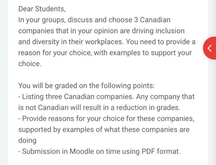 Dear Students In Your Groups Discuss And Choose 3 Canadian Companies That In Your Opinion Are Driving Inclusion And Di 1