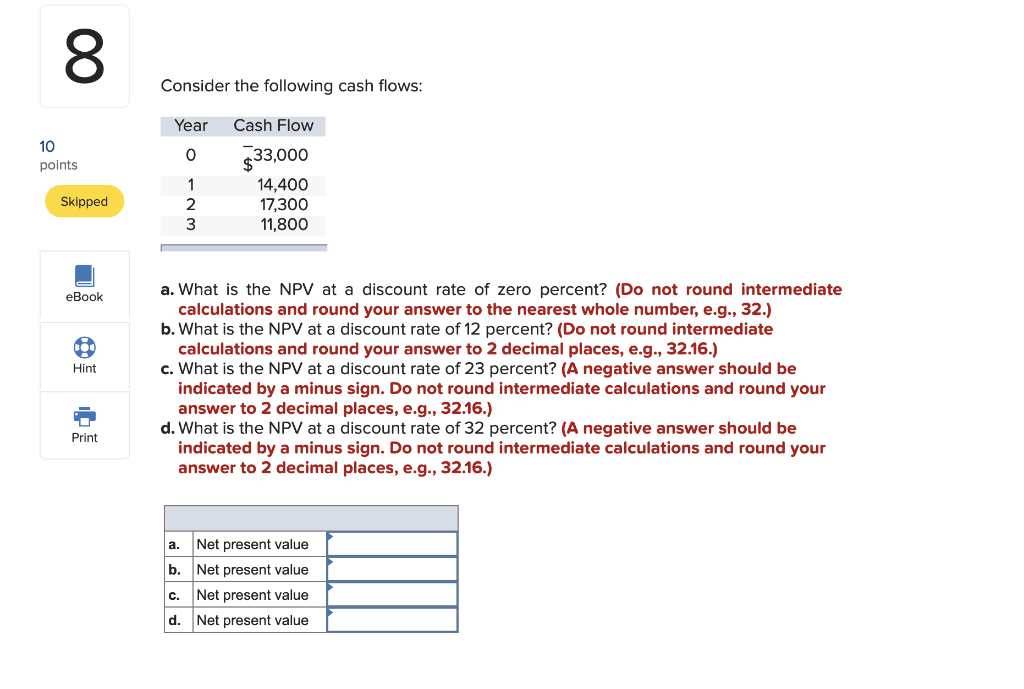 00 8 Consider The Following Cash Flows Year 10 Points 0 Cash Flow 33 000 14 400 17 300 11 800 Skipped 1 2 3 Ebook Hint 1