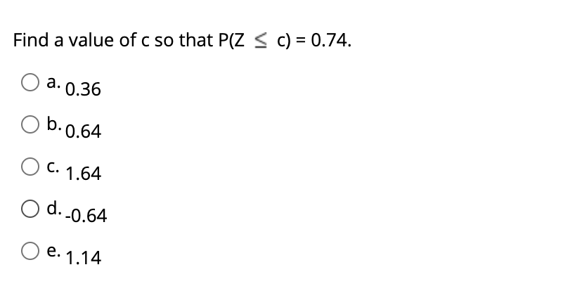 Find A Value Of C So That P Z C 0 74 A 0 36 B 0 64 C 1 64 D 0 64 Oe 1 14 1