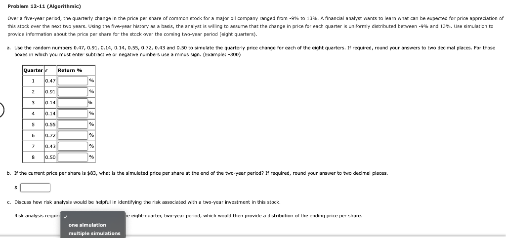 Problem 12 11 Algorithmic Over A Five Year Period The Quarterly Change In The Price Per Share Of Common Stock For A M 1