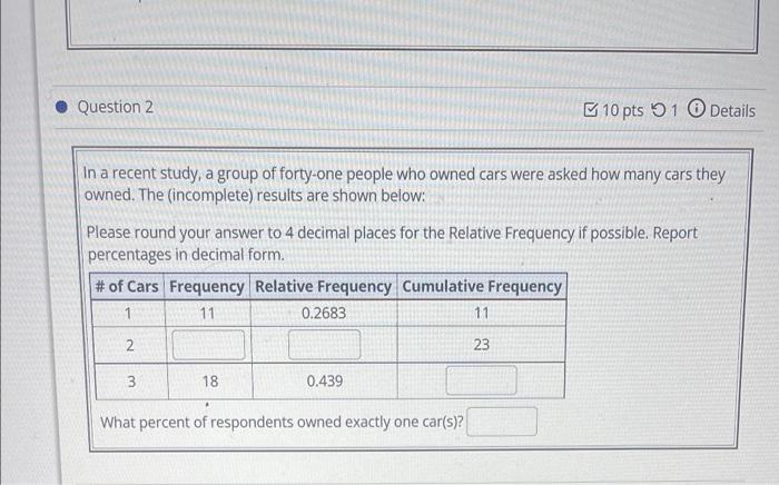 Question 2 In A Recent Study A Group Of Forty One People Who Owned Cars Were Asked How Many Cars They Owned The Incom 1