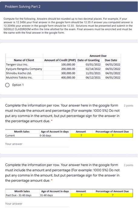 2 Points Complete The Information Per Row Your Answer Here In The Google Form Must Include The Amount And Percentage F 2
