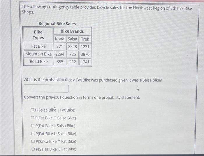 The Following Contingency Table Provides Bicycle Sales For The Northwest Region Of Ethan S Bike Shops Regional Bike Sal 1