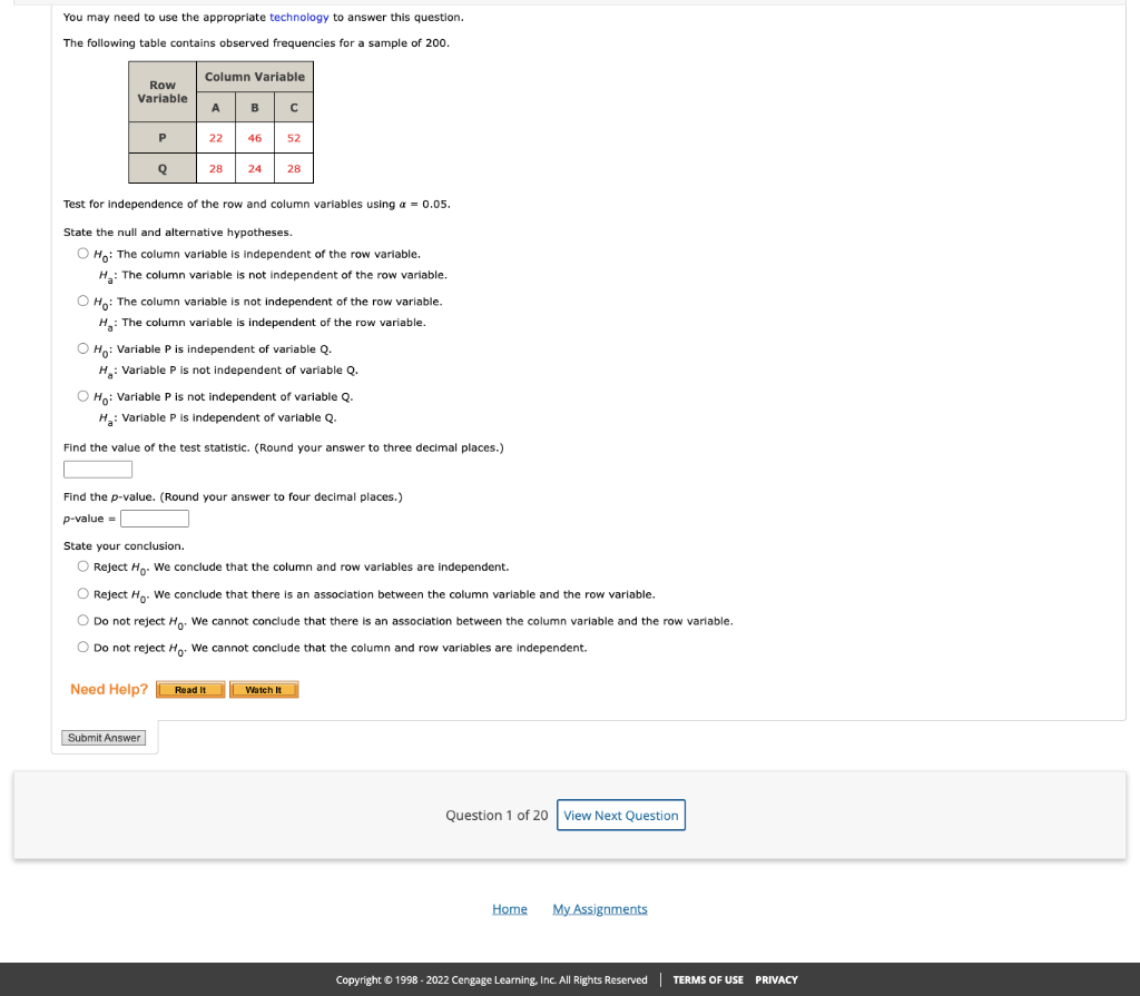 You May Need To Use The Appropriate Technology To Answer This Question The Following Table Contains Observed Frequencie 1