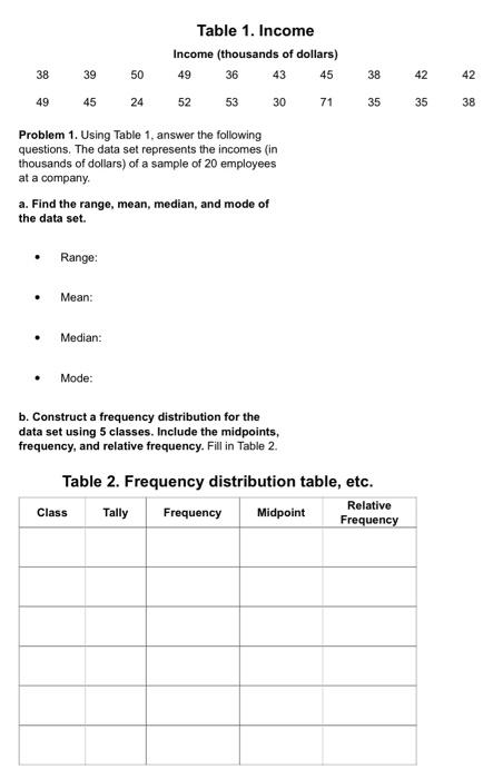 38 49 39 145 Problem 1 Using Table 1 Answer The Following Questions The Data Set Represents The Incomes In Thous 1