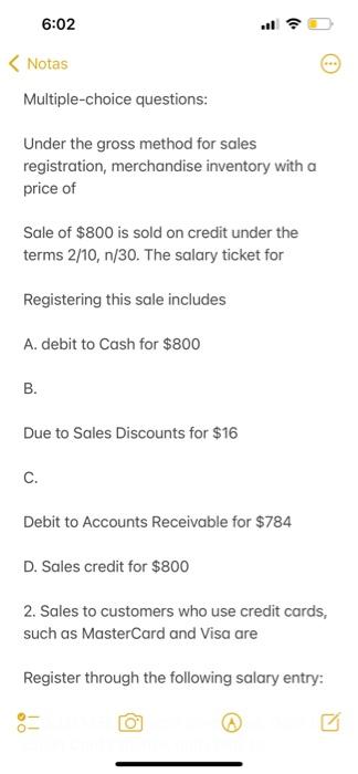 6 02 Notas Multiple Choice Questions Under The Gross Method For Sales Registration Merchandise Inventory With A Price 1