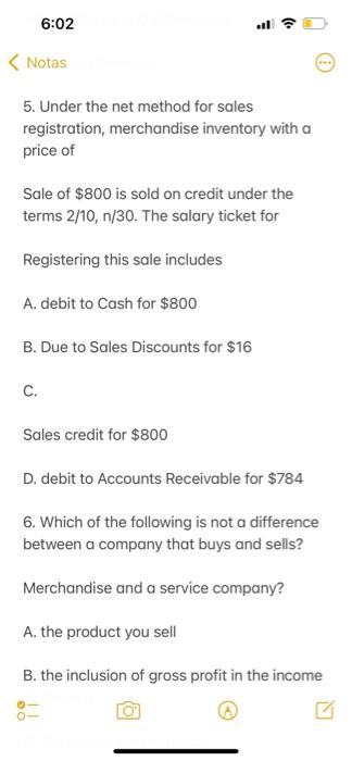 6 02 Notas Multiple Choice Questions Under The Gross Method For Sales Registration Merchandise Inventory With A Price 4