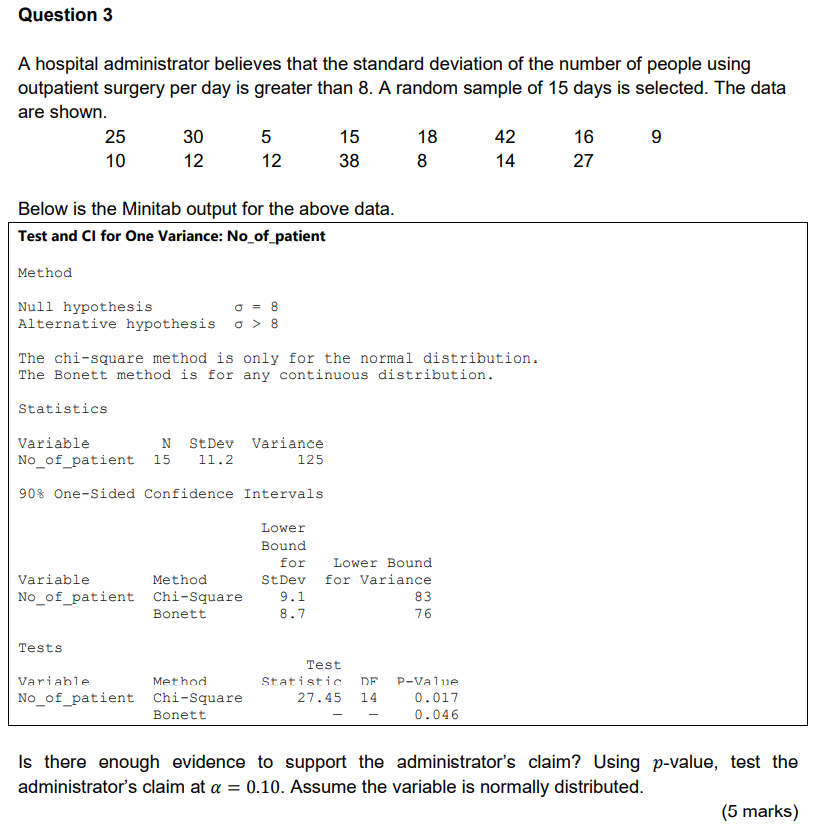 Question 3 A Hospital Administrator Believes That The Standard Deviation Of The Number Of People Using Outpatient Surger 1