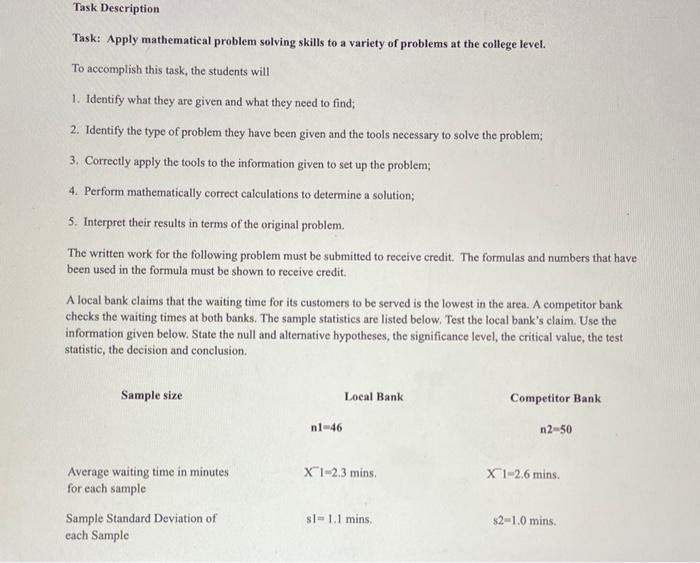 Task Description Task Apply Mathematical Problem Solving Skills To A Variety Of Problems At The College Level To Accom 1