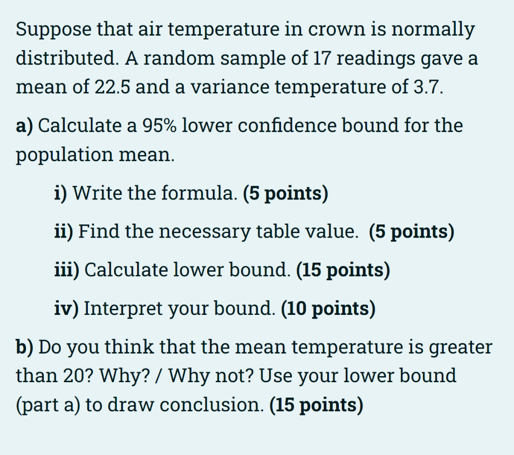 Suppose That Air Temperature In Crown Is Normally Distributed A Random Sample Of 17 Readings Gave A Mean Of 22 5 And A 1
