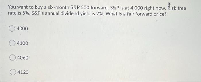 You Want To Buy A Six Month S P 500 Forward S P Is At 4 000 Right Now Risk Free Rate Is 5 S P S Annual Dividend Yiel 1