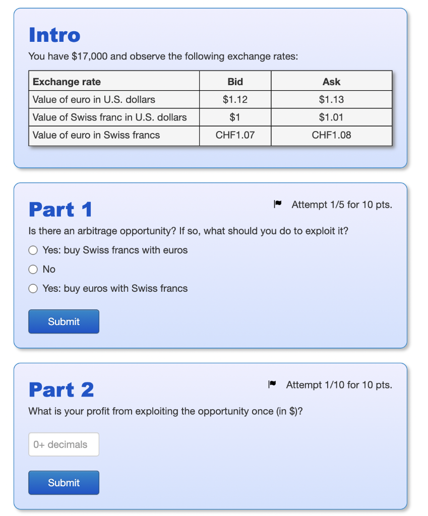 Intro You Have 17 000 And Observe The Following Exchange Rates Bid Ask Exchange Rate Value Of Euro In U S Dollars Val 1