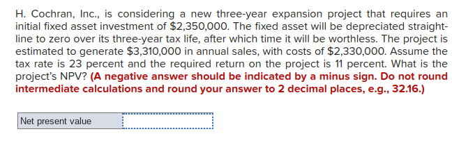 H Cochran Inc Is Considering A New Three Year Expansion Project That Requires An Initial Fixed Asset Investment Of 1