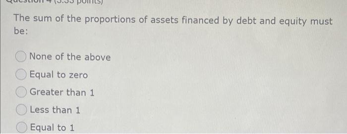 The Sum Of The Proportions Of Assets Financed By Debt And Equity Must Be None Of The Above Equal To Zero Greater Than 1 1