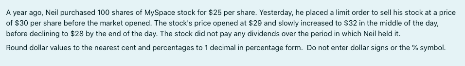 A Year Ago Neil Purchased 100 Shares Of Myspace Stock For 25 Per Share Yesterday He Placed A Limit Order To Sell His 1