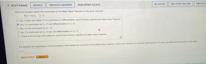 2 0 5 1 Points Previous Answers Scalcetbcf 4 2 013 Does The Function Satisfy The Hypotheses Of The Mean Value Theore 1