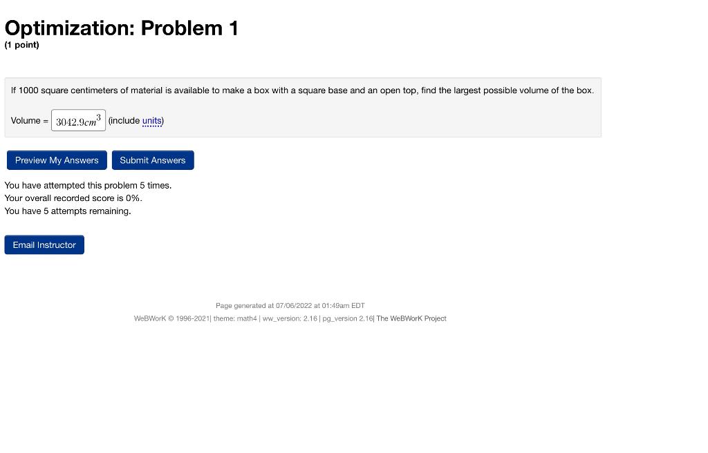 Optimization Problem 1 1 Point If 1000 Square Centimeters Of Material Is Available To Make Box With Square Base And A 1