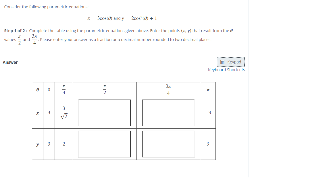 Consider The Following Parametric Equations X 3cos 0 And Y 2cos 0 1 Step 1 Of 2 Complete The Table Using The 1