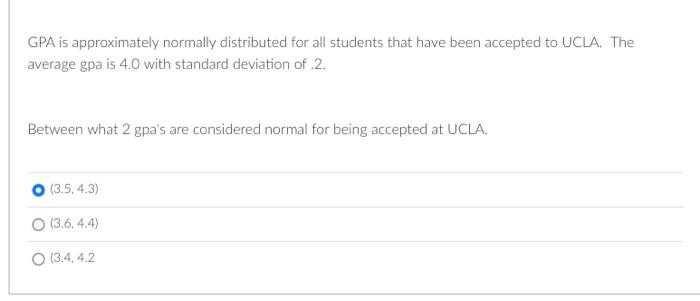 Gpa Is Approximately Normally Distributed For All Students That Have Been Accepted To Ucla The Average Gpa Is 4 0 With 1