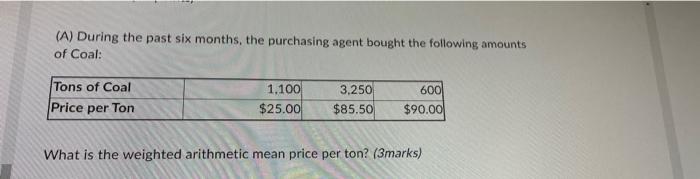 A During The Past Six Months The Purchasing Agent Bought The Following Amounts Of Coal Tons Of Coal Price Per Ton 1 1
